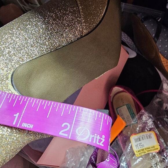 Gold Heels Womens Size 7.5 Sparkle Glitter Glam Wedding Dress Peep Toe Metallic - Picture 14 of 16